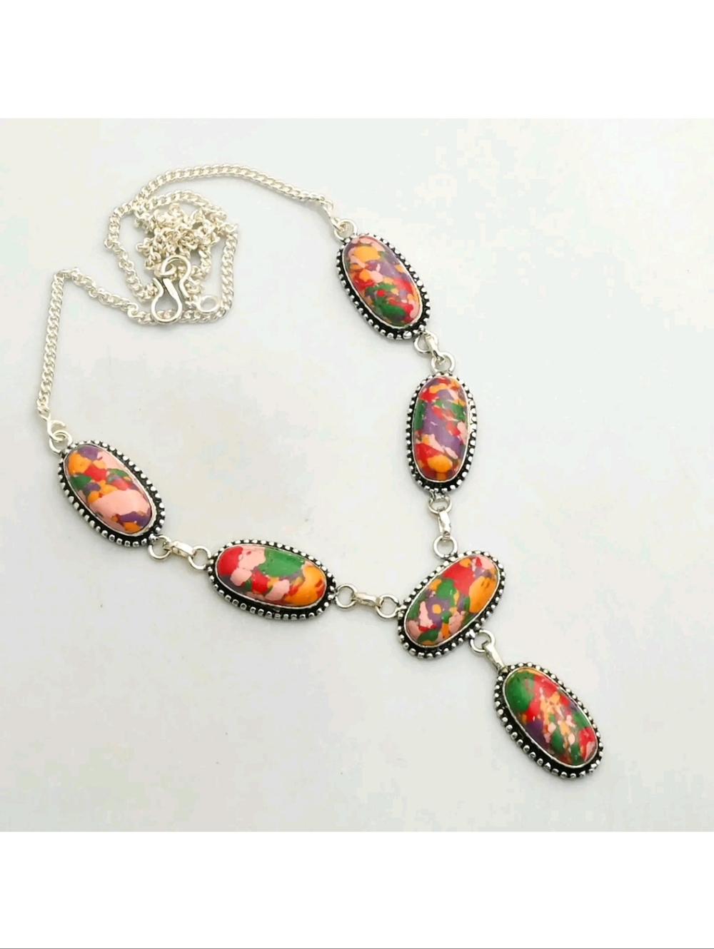 Mosaic Jasper Gemstone Jewelry 925 Sterling Silver Handmade Necklace